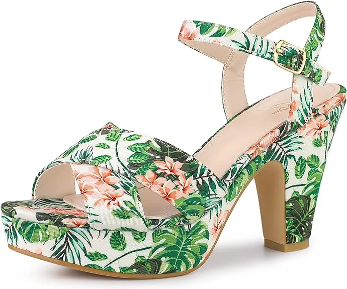Blue Floral Platform Heel Sling Back Sandals