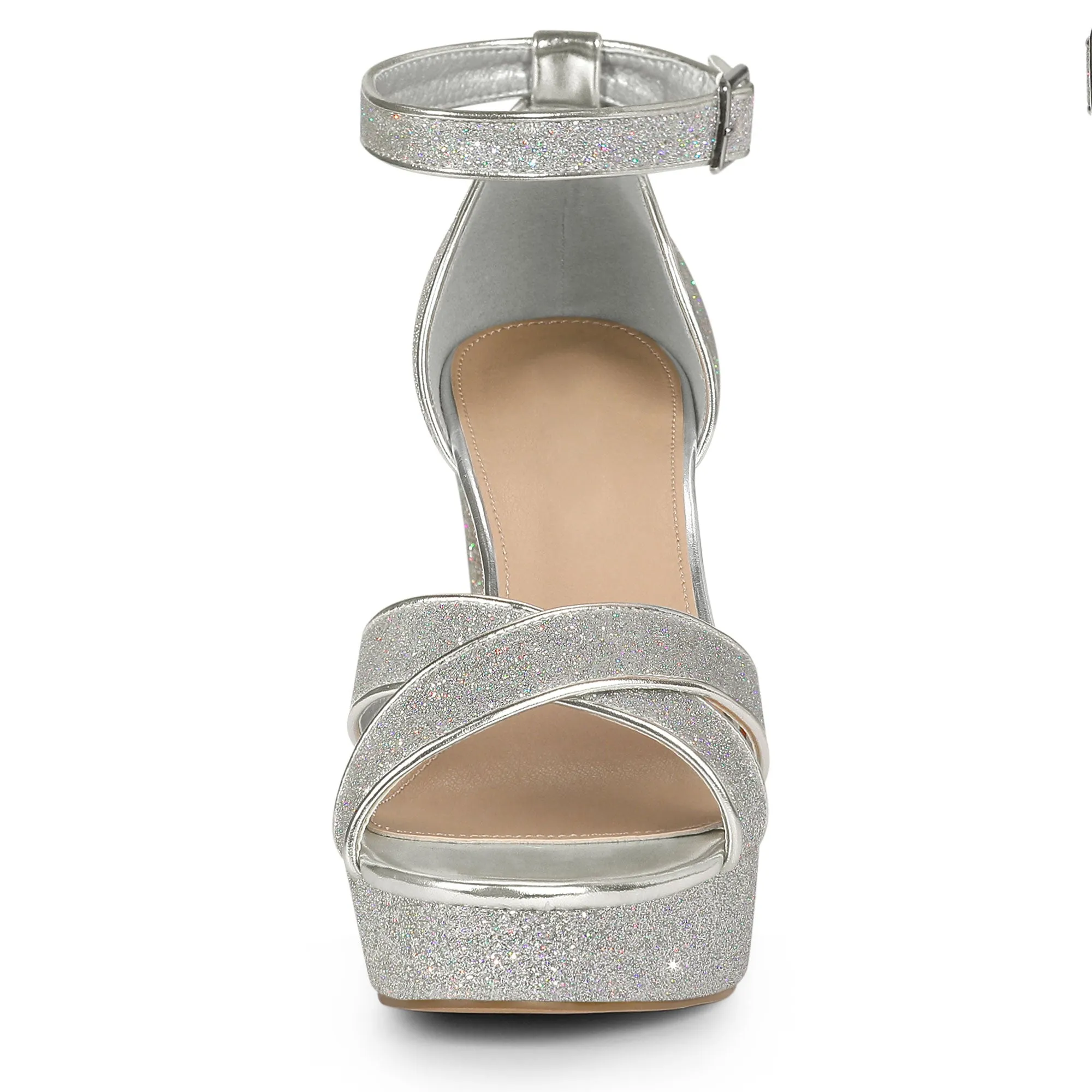 Perphy Glitter Platform Crisscross Strap Chunky Heel Sandal