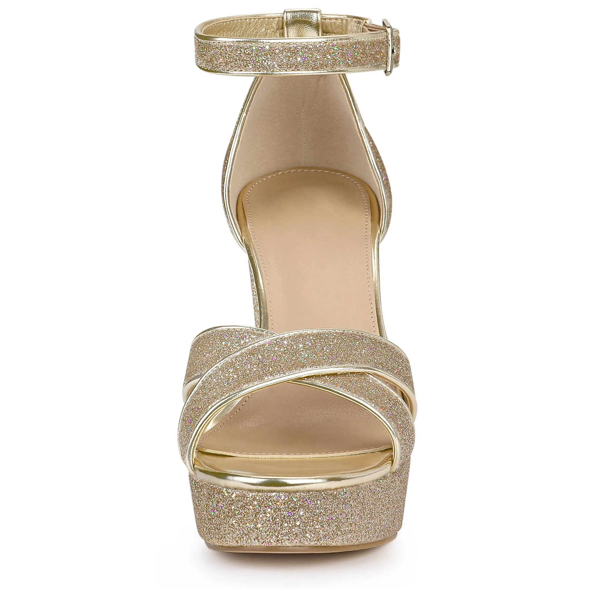 Perphy Glitter Platform Crisscross Strap Chunky Heel Sandal
