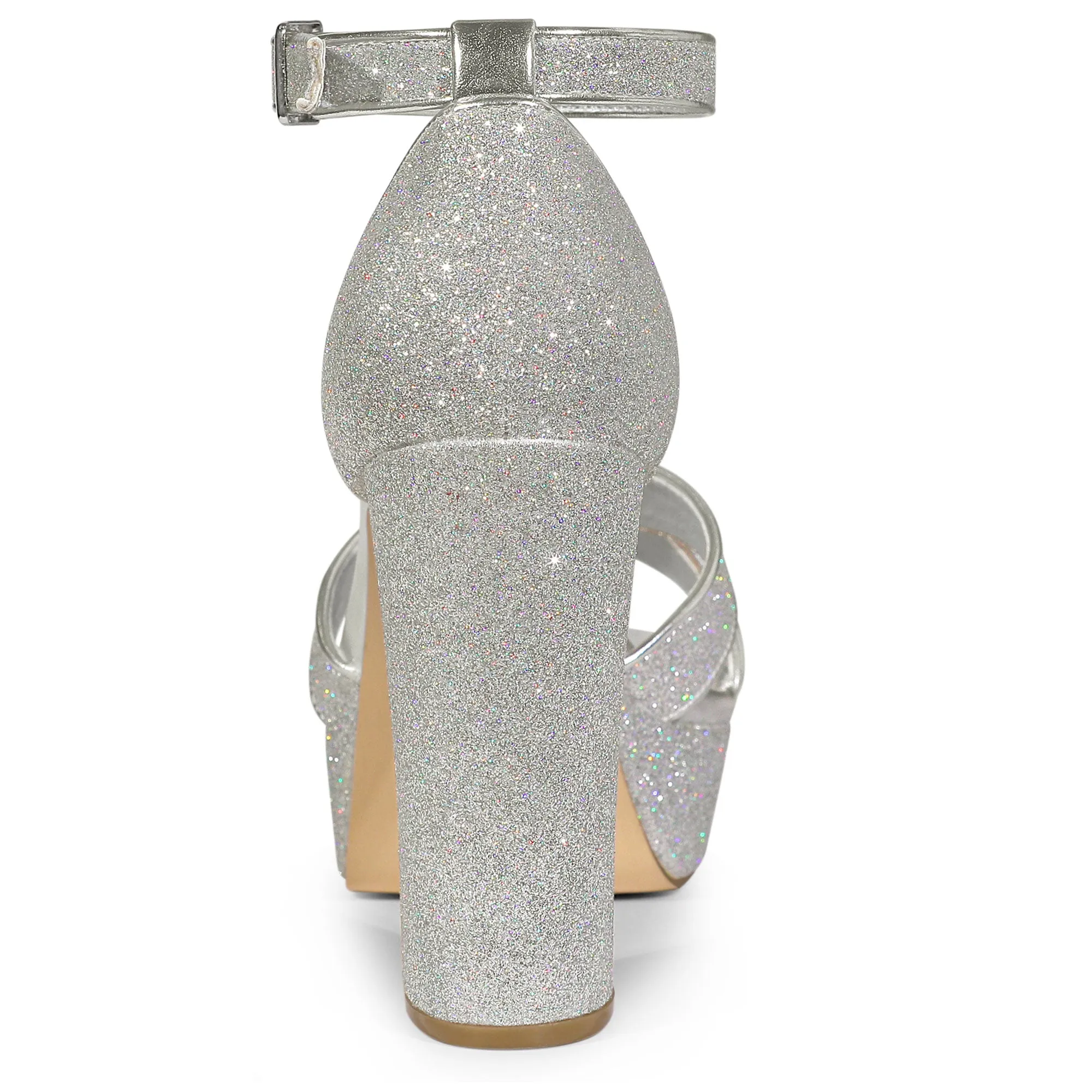 Perphy Glitter Platform Crisscross Strap Chunky Heel Sandal