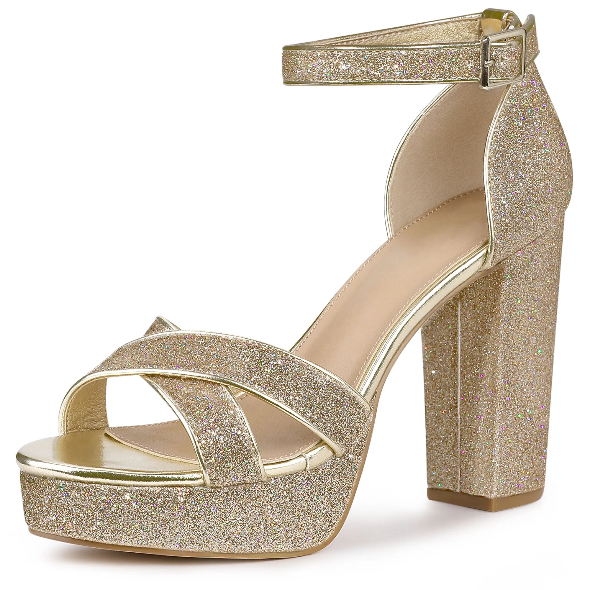 Perphy Glitter Platform Crisscross Strap Chunky Heel Sandal