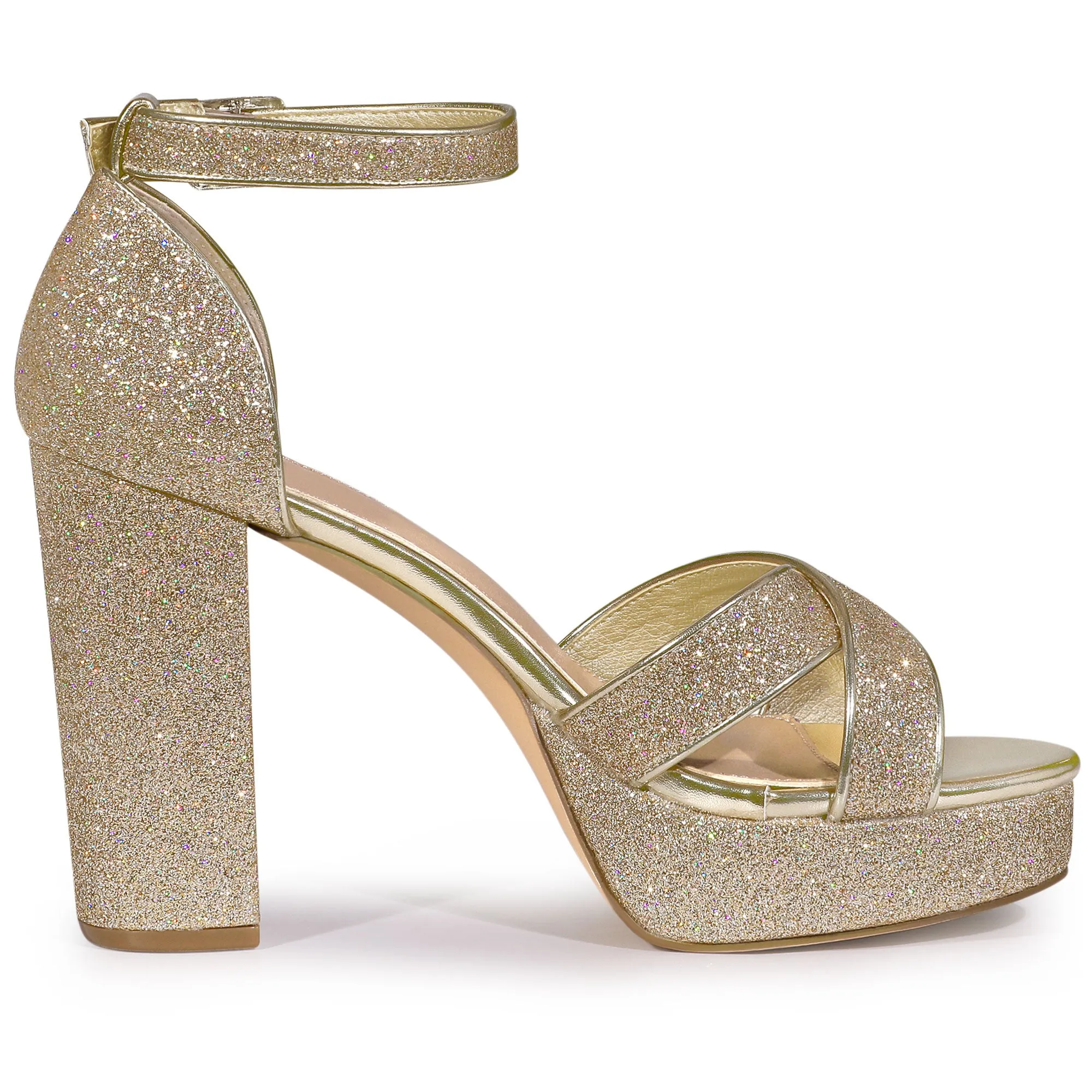 Perphy Glitter Platform Crisscross Strap Chunky Heel Sandal