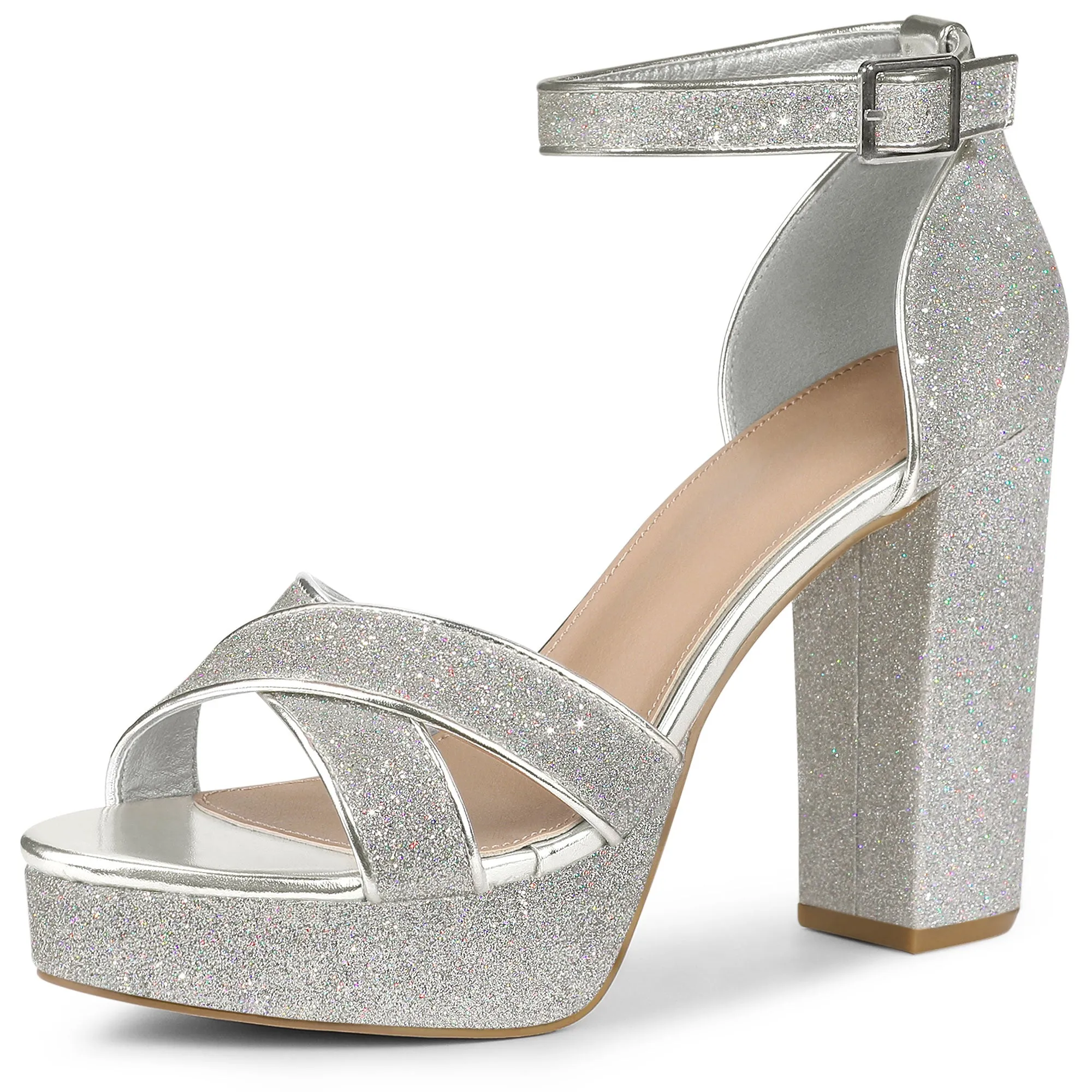 Perphy Glitter Platform Crisscross Strap Chunky Heel Sandal