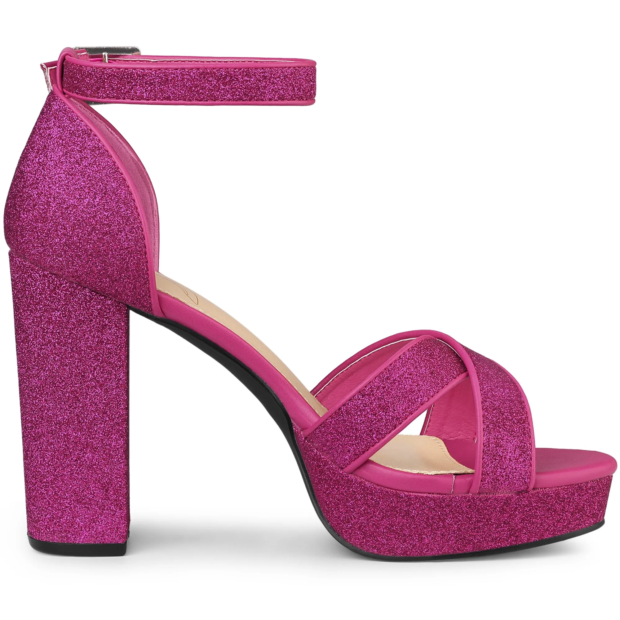 Perphy Glitter Platform Crisscross Strap Chunky Heel Sandal