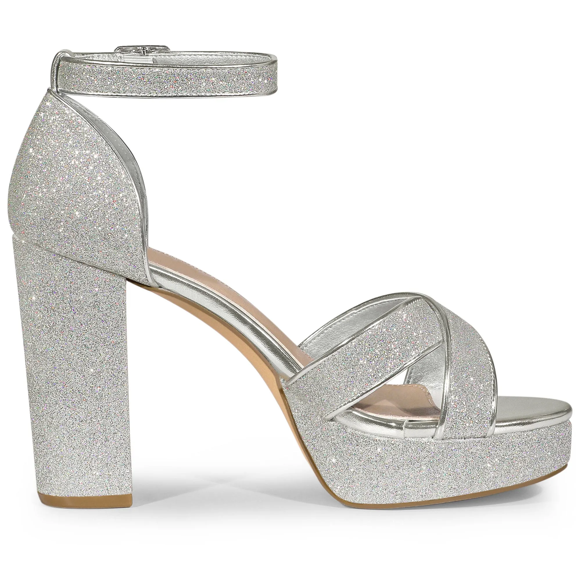 Perphy Glitter Platform Crisscross Strap Chunky Heel Sandal