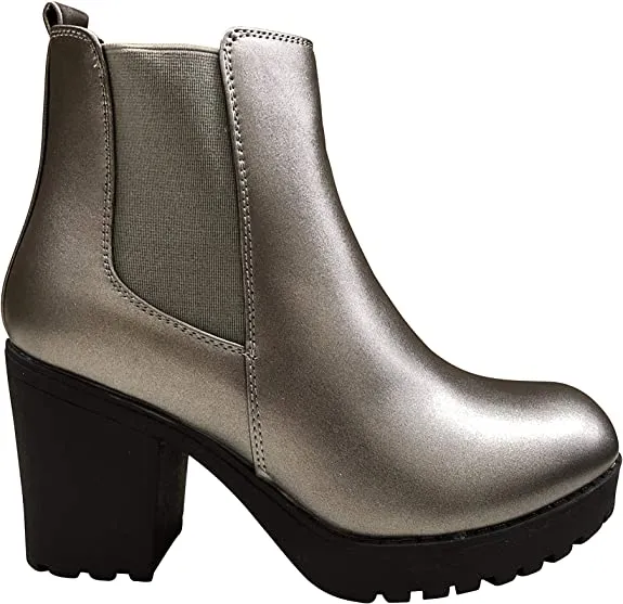 REFRESH CLUB-01 Pewter Elastic Panel Brown Slip On Chunky Heel Ankle Booties
