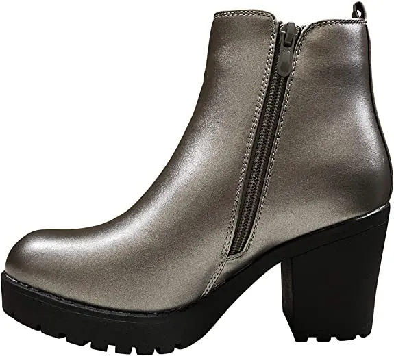 REFRESH CLUB-01 Pewter Elastic Panel Brown Slip On Chunky Heel Ankle Booties