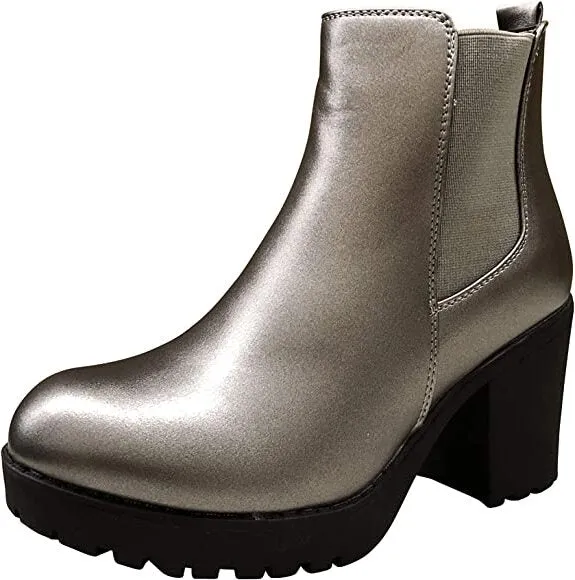 REFRESH CLUB-01 Pewter Elastic Panel Brown Slip On Chunky Heel Ankle Booties
